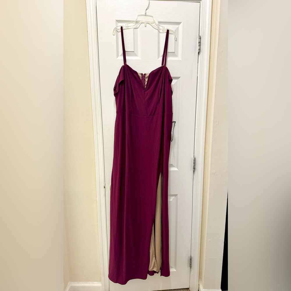 Plum/maroon off the shoulder gown with side slit